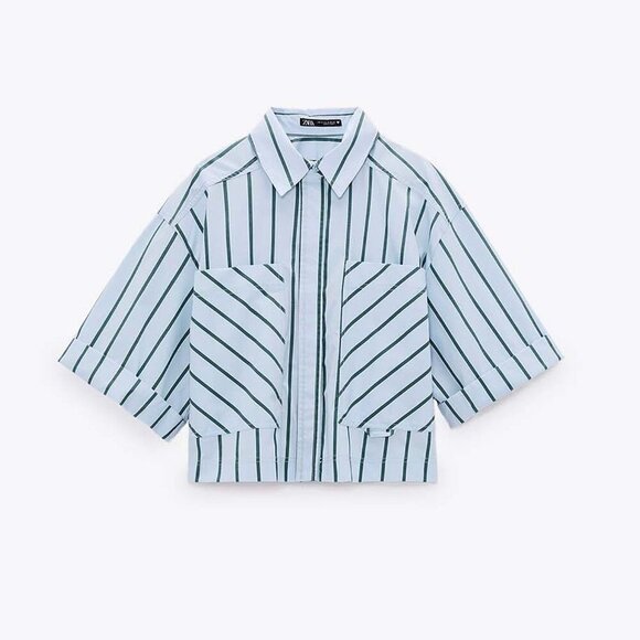 ZARA Light Blue Short-Sleeve Striped Cropped Shirt - Size XS NWT - Picture 2 of 8